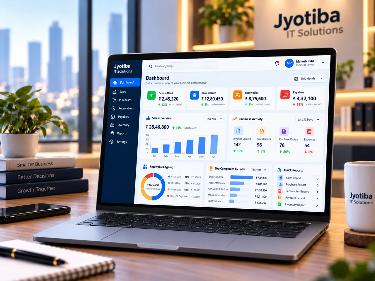 Illustrative business software dashboard on a laptop